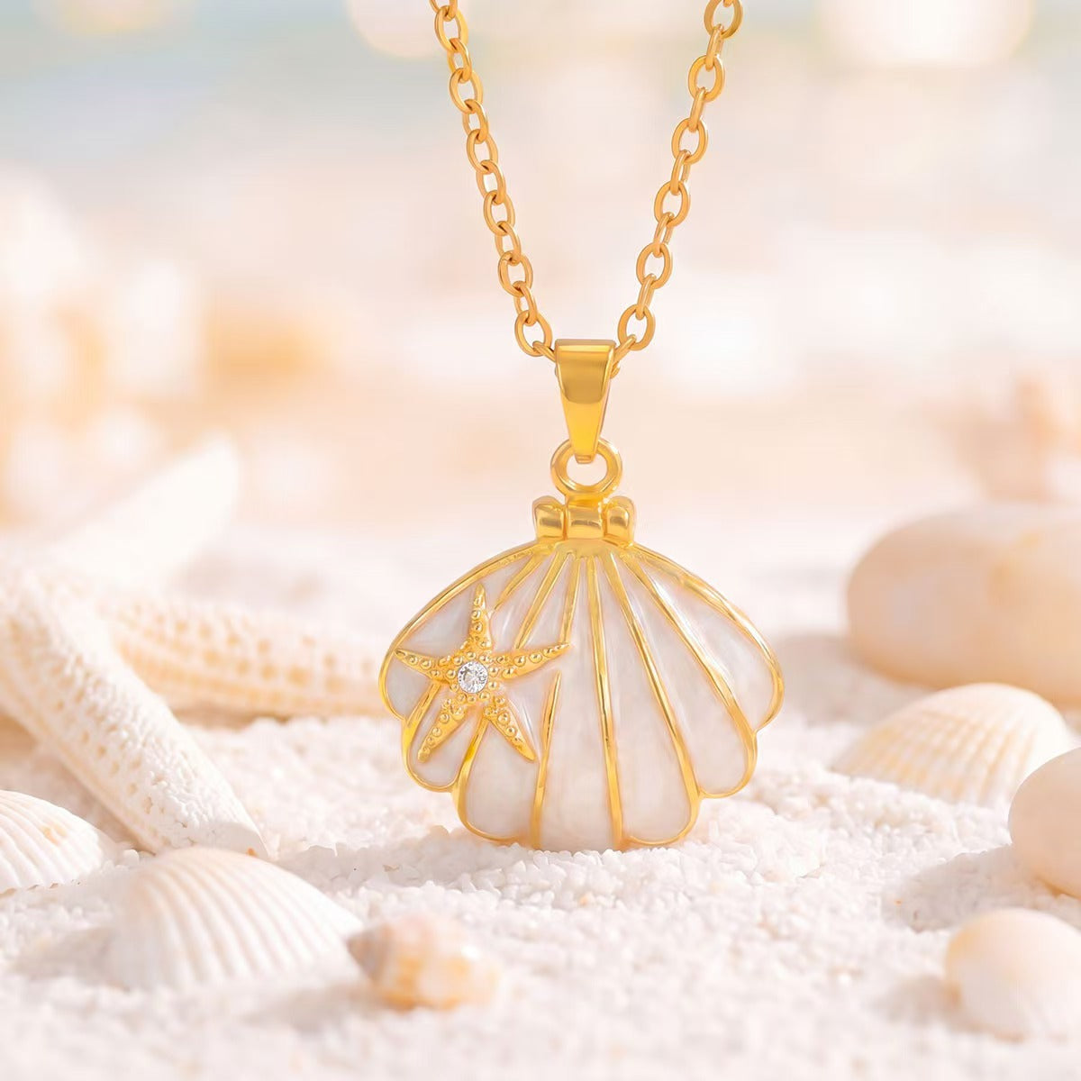Starfish Scallop Shell Enamel Pendant Necklace