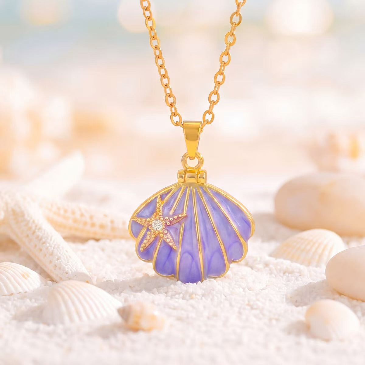 Starfish Scallop Shell Enamel Pendant Necklace