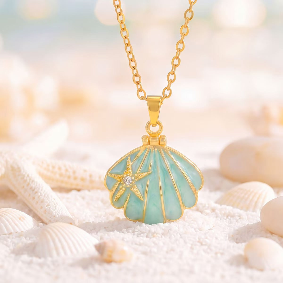 Starfish Scallop Shell Enamel Pendant Necklace