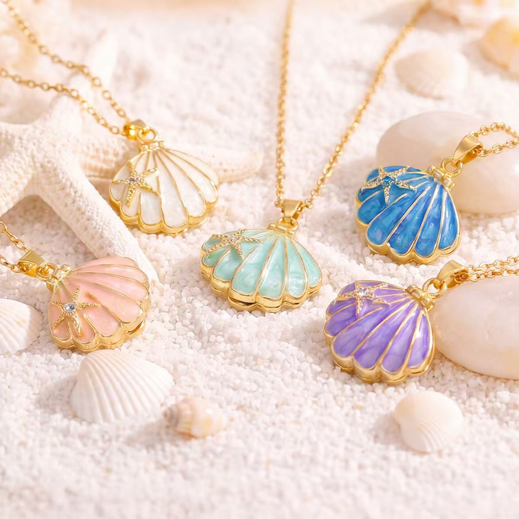 Starfish Scallop Shell Enamel Pendant Necklace