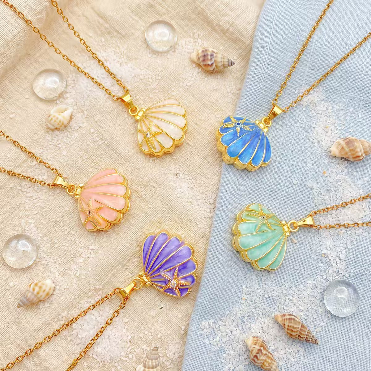 Starfish Scallop Shell Enamel Pendant Necklace