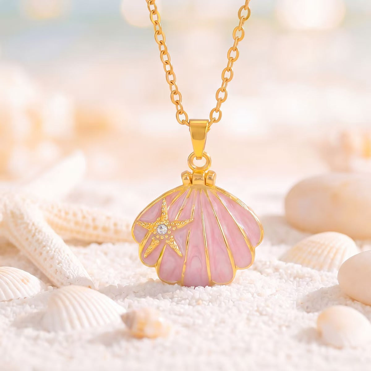 Starfish Scallop Shell Enamel Pendant Necklace
