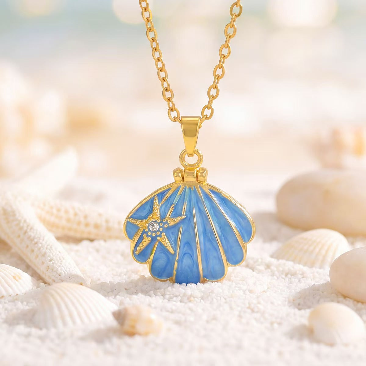 Starfish Scallop Shell Enamel Pendant Necklace