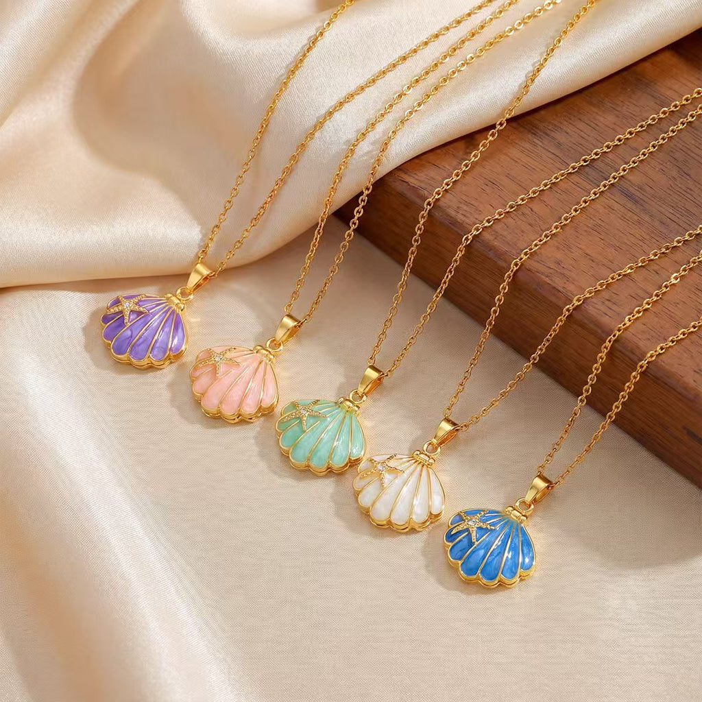 Starfish Scallop Shell Enamel Pendant Necklace